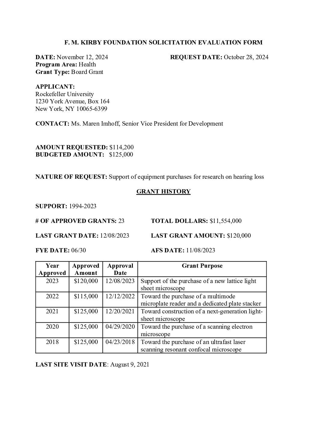 Rockefeller University 2024 Evaluation Form F. M. Kirby Foundation